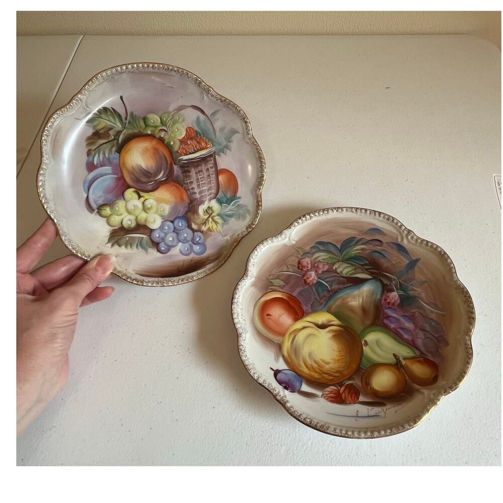 Set of 2 Vintage Hand Painted S. Kuzuya Fruit Plate 8" With Gold Edge Signed